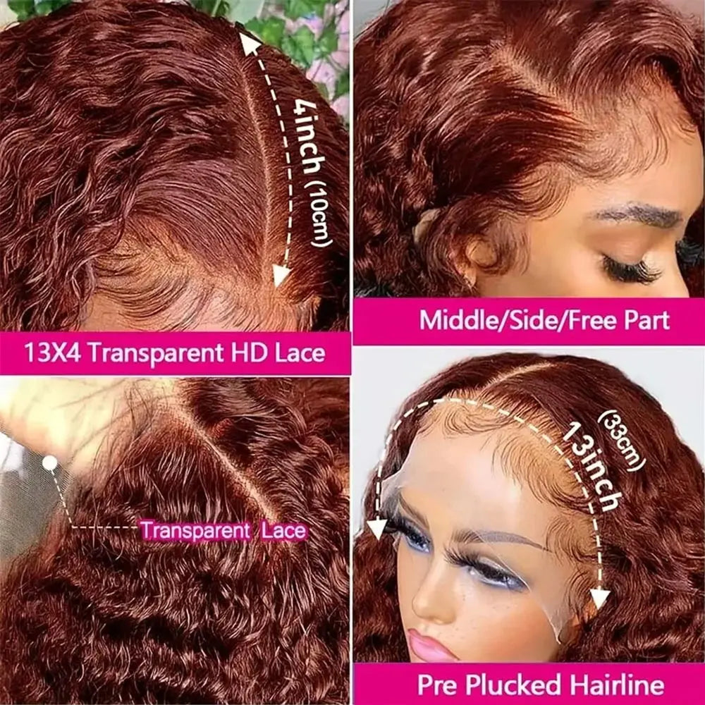 Deep Curly Wigs Human Hair Reddish Brown 13x4 13x6 Hd Lace Frontal Wig Colored Water Wave Lace Front Wig for Women 30 36 40 Inch