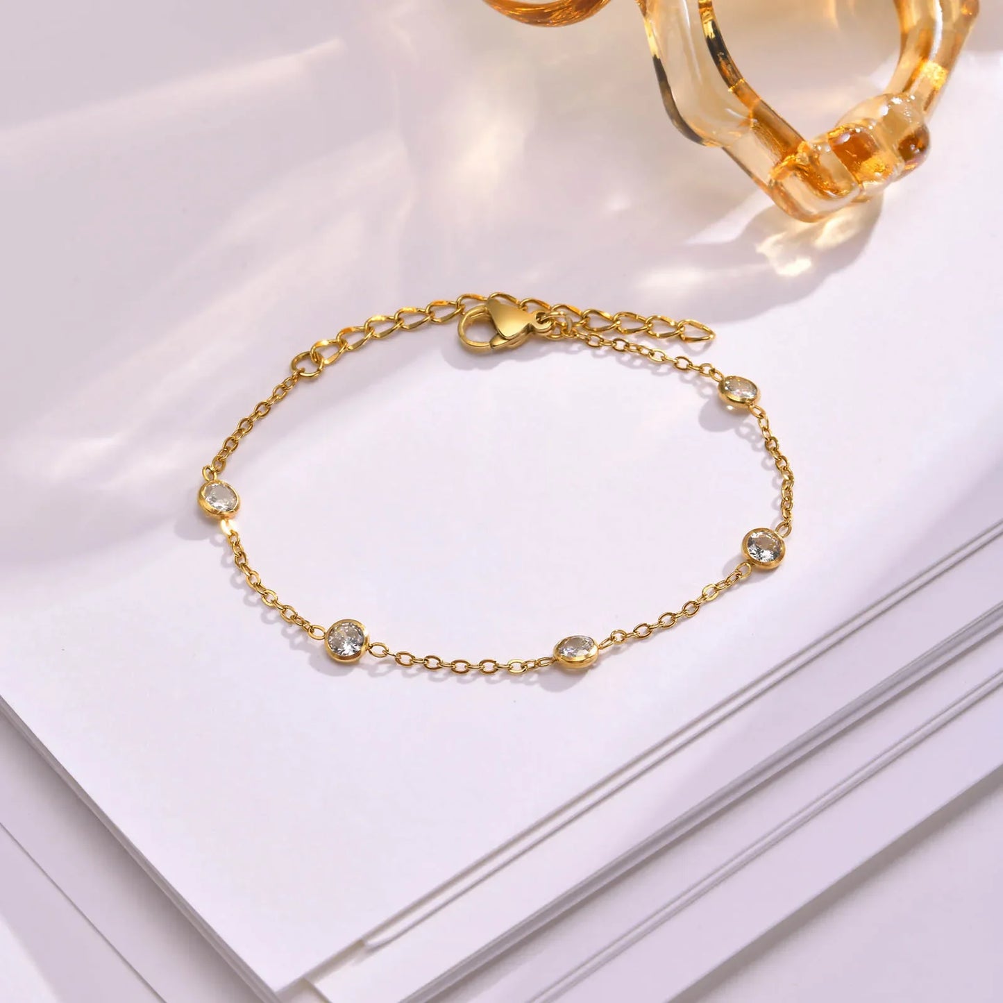 Trendy Chain Bracelets for Women Girls Lady, Stainless Steel Thin Chain Wristband Bling CZ Stone, Chic bracelet Gifts To Her