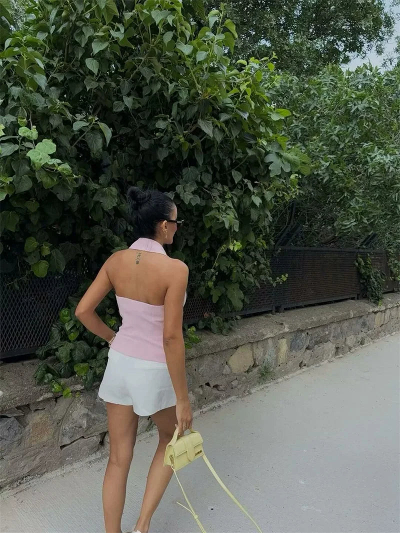 Women's Tops 2025 New Double-Breasted Halterneck Pink Vest Casual and fashionable women's vest