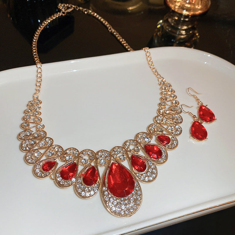 Luxury Necklace Earrings For Women Red Water Drop Crystal Earrings Weddings Banquet Jewelry Sets