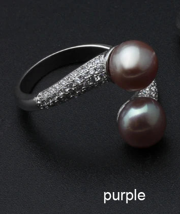 Real Natural Freshwater Black Double Pearl Ring Women,Exquisite 925 Sterling Silver Ring Fine Jewelry Adjustable