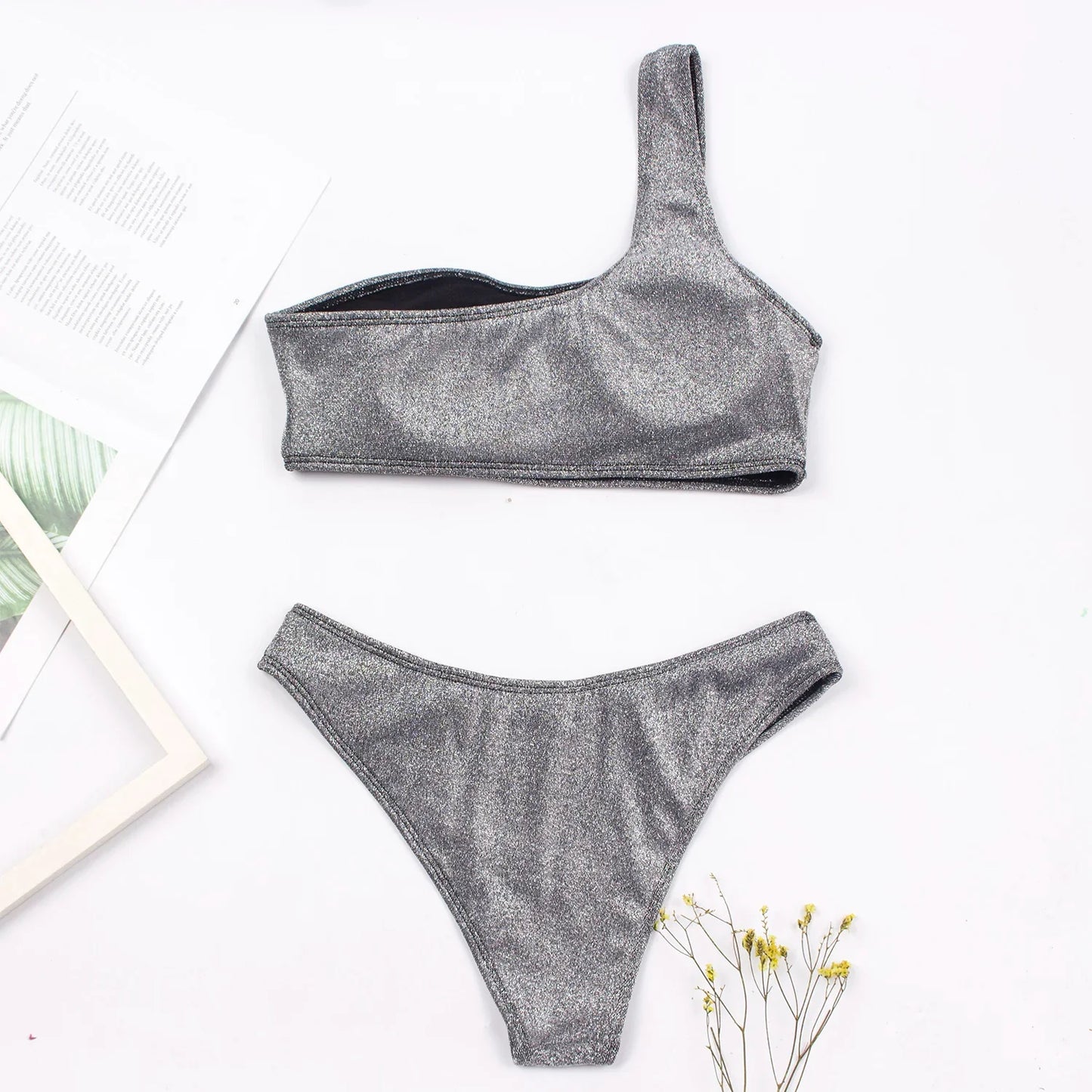 Women Sexy Bikini Set Biquini Ladies One Shoulder Blingbling Swimsuit  Female Two Piece Glitter Solid Color SwimwearW2023