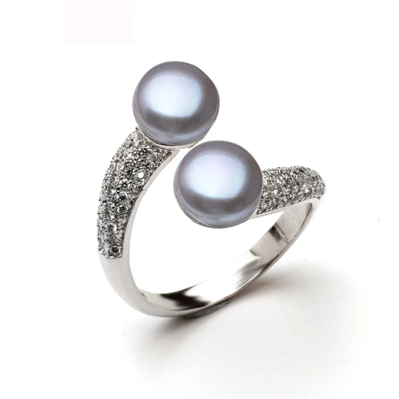 Real Natural Freshwater Black Double Pearl Ring Women,Exquisite 925 Sterling Silver Ring Fine Jewelry Adjustable