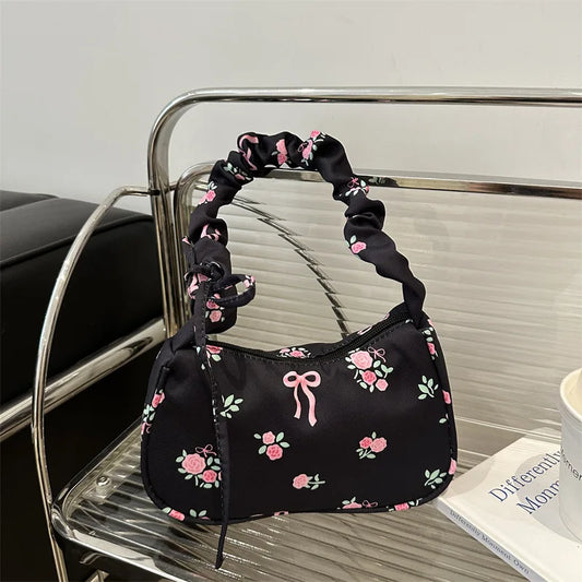 Gentle and Sweet Flower Canvas Bag for Women 2025 New Drawstring Shoulder Bag High Beauty Broken Flower Bow