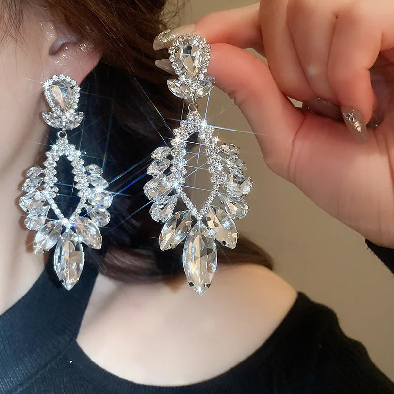 Luxury Design Sparkly Full Crystal Dangle Drop Earrings for Women Exaggerated Long Earrings Female Wedding Ear Accessories