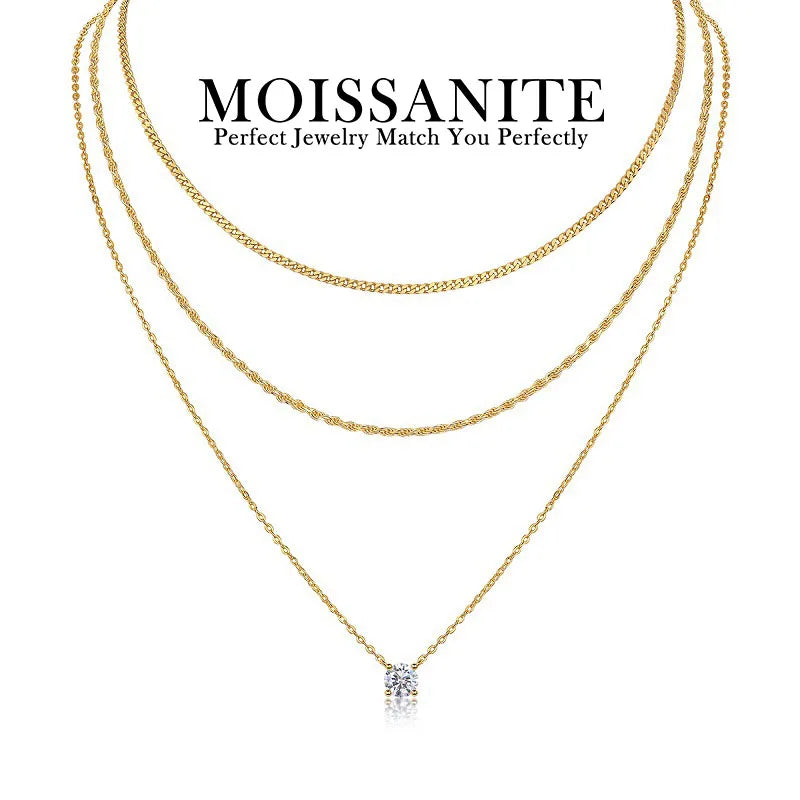 Triple Layer Necklace Moissanite Pendant S925 Sterling Silver 18K Gold Plated Minimalist Layered Jewelry for Women