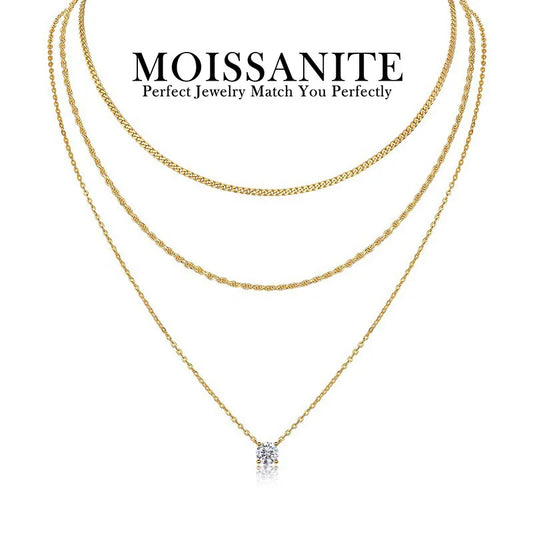 Triple Layer Necklace Moissanite Pendant S925 Sterling Silver 18K Gold Plated Minimalist Layered Jewelry for Women