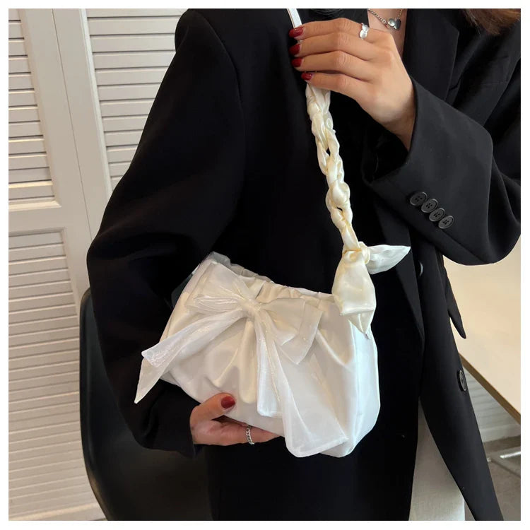 Lovely Bow Handbags for Girls Ladies Fashion Pleated Shoulder Bags for Women Simple Design Female Underarm Bag Casual Tote Purse
