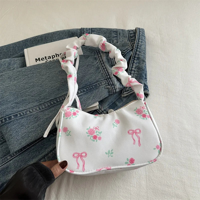 Gentle and Sweet Flower Canvas Bag for Women 2025 New Drawstring Shoulder Bag High Beauty Broken Flower Bow