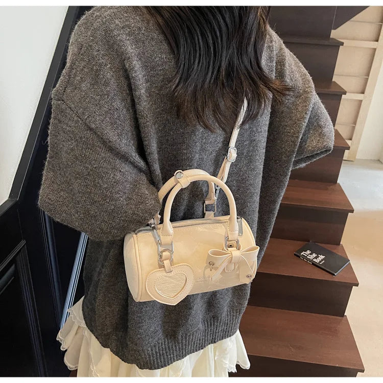 2025 Bow-Embellished Boston Bag Women Fashion Shoulder Crossbody Purse Stylish Cylinder Handbag for Work Travel Outings
