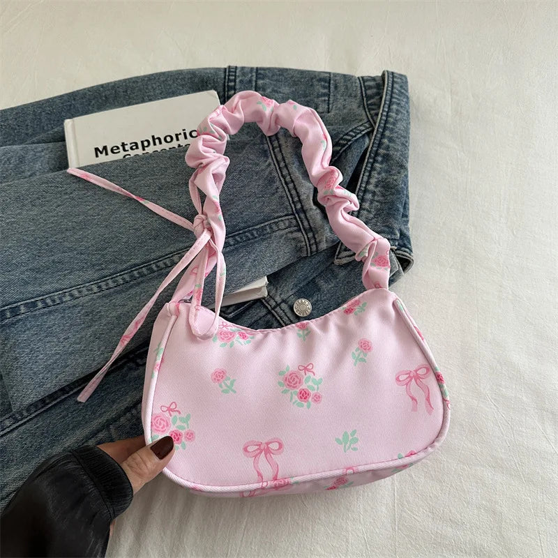 Gentle and Sweet Flower Canvas Bag for Women 2025 New Drawstring Shoulder Bag High Beauty Broken Flower Bow