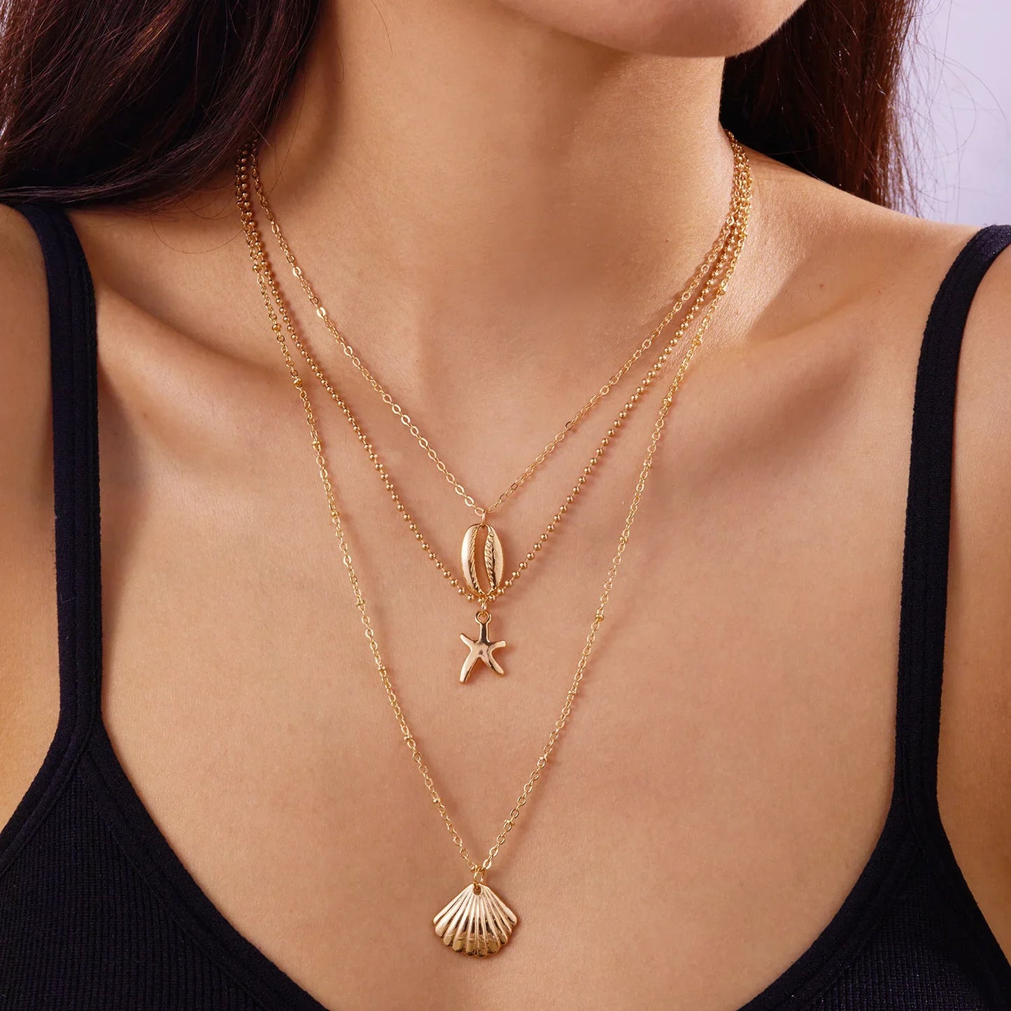 Simple Layered Pendant Necklace for Women Vintage Metal Starfish Sea Shell Multi layer Necklaces Vacation Ocean Style Jewelry