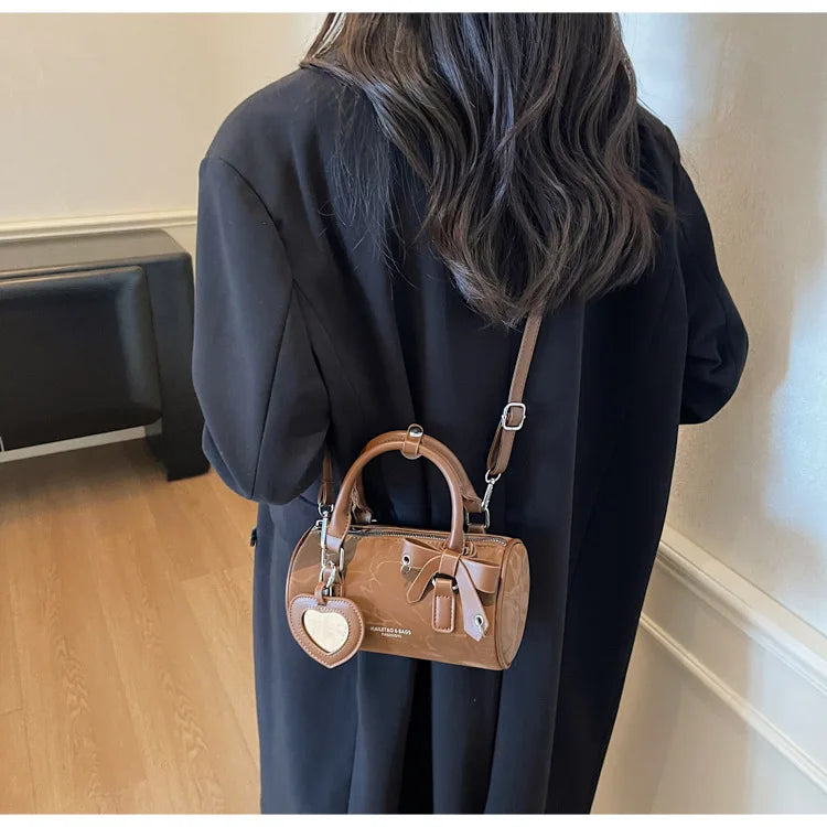 2025 Bow-Embellished Boston Bag Women Fashion Shoulder Crossbody Purse Stylish Cylinder Handbag for Work Travel Outings