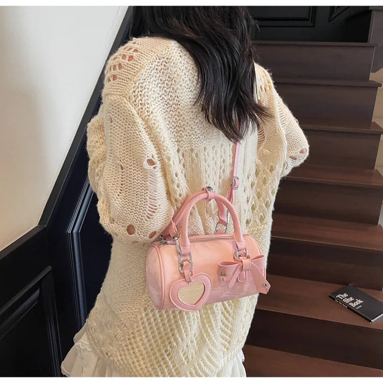 2025 Bow-Embellished Boston Bag Women Fashion Shoulder Crossbody Purse Stylish Cylinder Handbag for Work Travel Outings