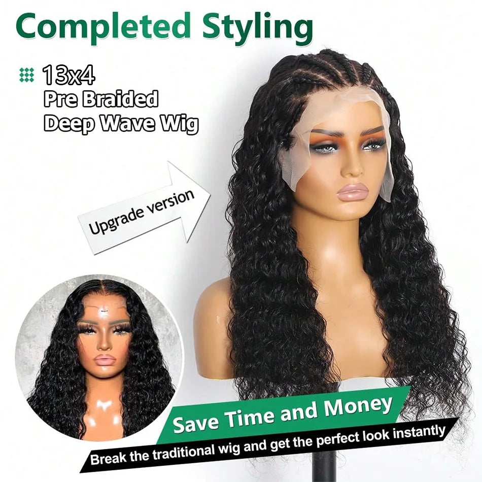 Head Braided Wigs Human Hair Deep Curly Wave 13x4 Lace Front Wigs Human Hair Bleach Knots Pre Plucked 180% Density Natural Color