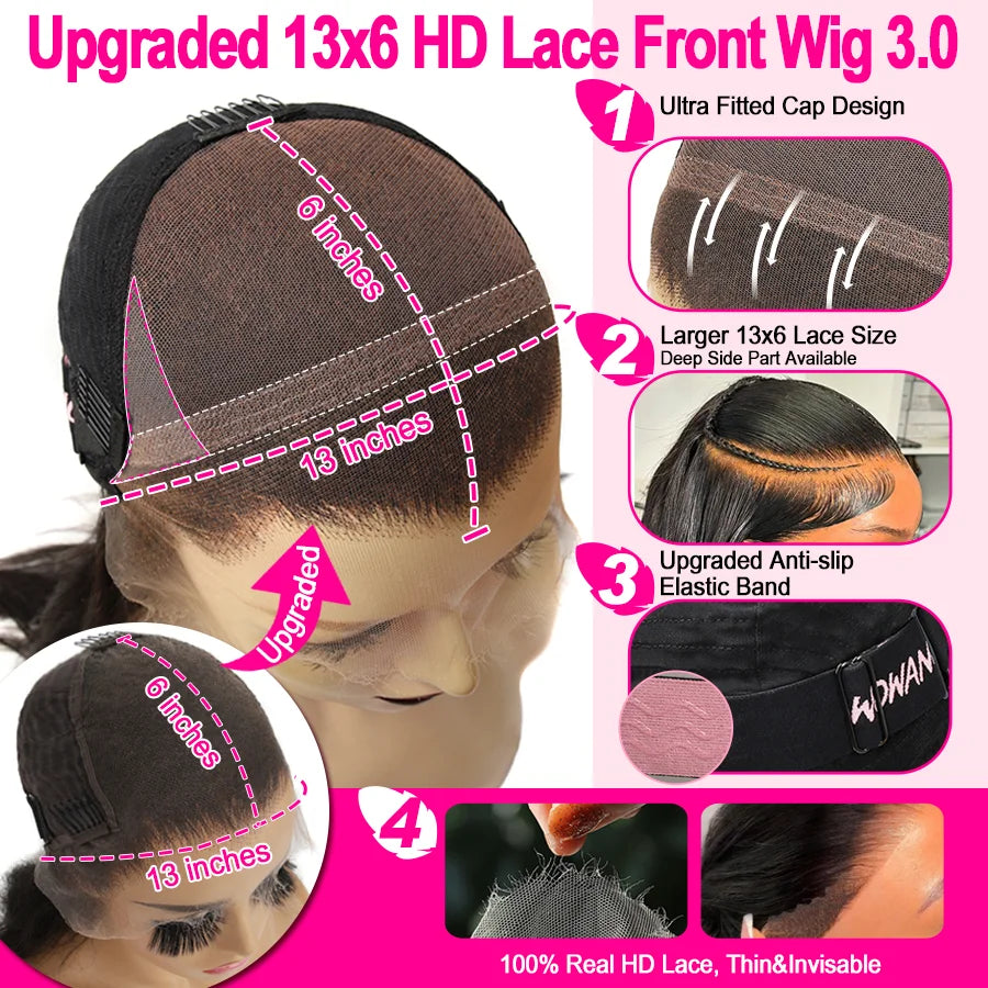 WOWANGEL Bone Straight Wig With Bangs 13x6 HD Lace Front Human Hair Wig Brazilian Vrigin Skinlike HD Lace Frontal Wigs For Women