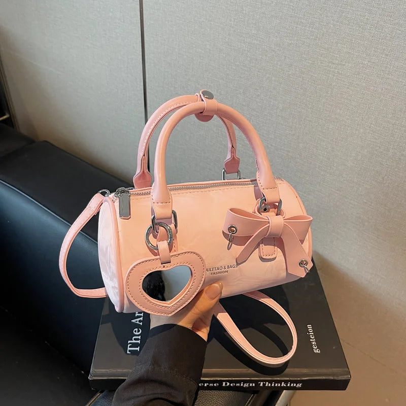 2025 Bow-Embellished Boston Bag Women Fashion Shoulder Crossbody Purse Stylish Cylinder Handbag for Work Travel Outings