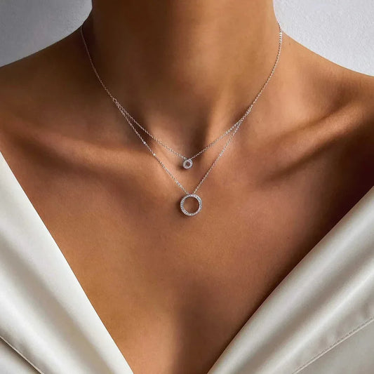 Delicate Layered Necklace Set with Sparkling Round Pendant Dainty Collarbone Chains for Women Minimalist Style