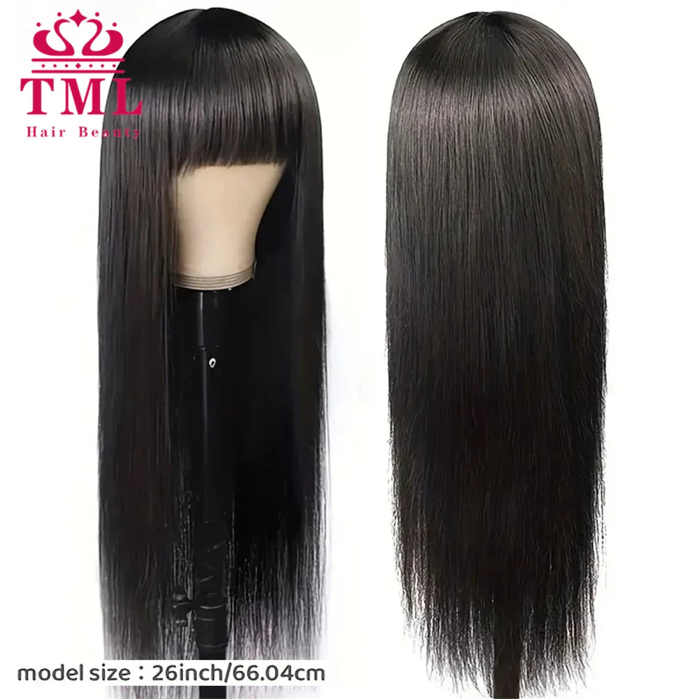 Bone Straight Human Hair Wigs With Bang Full Machine Made Wigs Natural Color Glueless Peruvian Straight Remy Human Hair Wigs