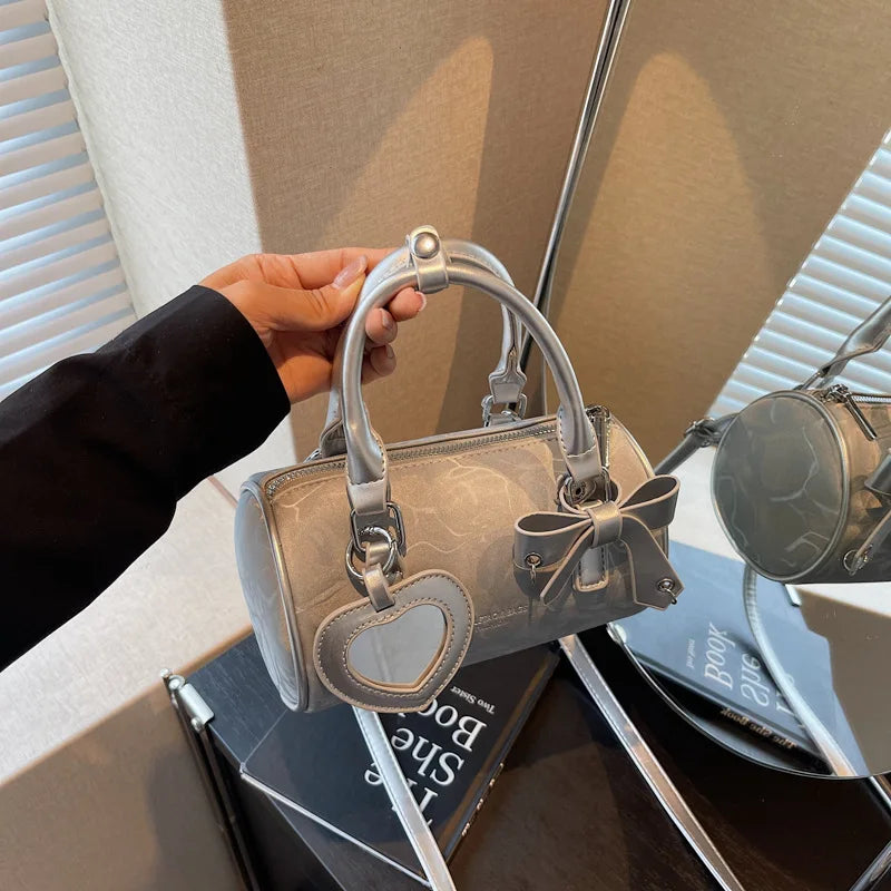 2025 Bow-Embellished Boston Bag Women Fashion Shoulder Crossbody Purse Stylish Cylinder Handbag for Work Travel Outings