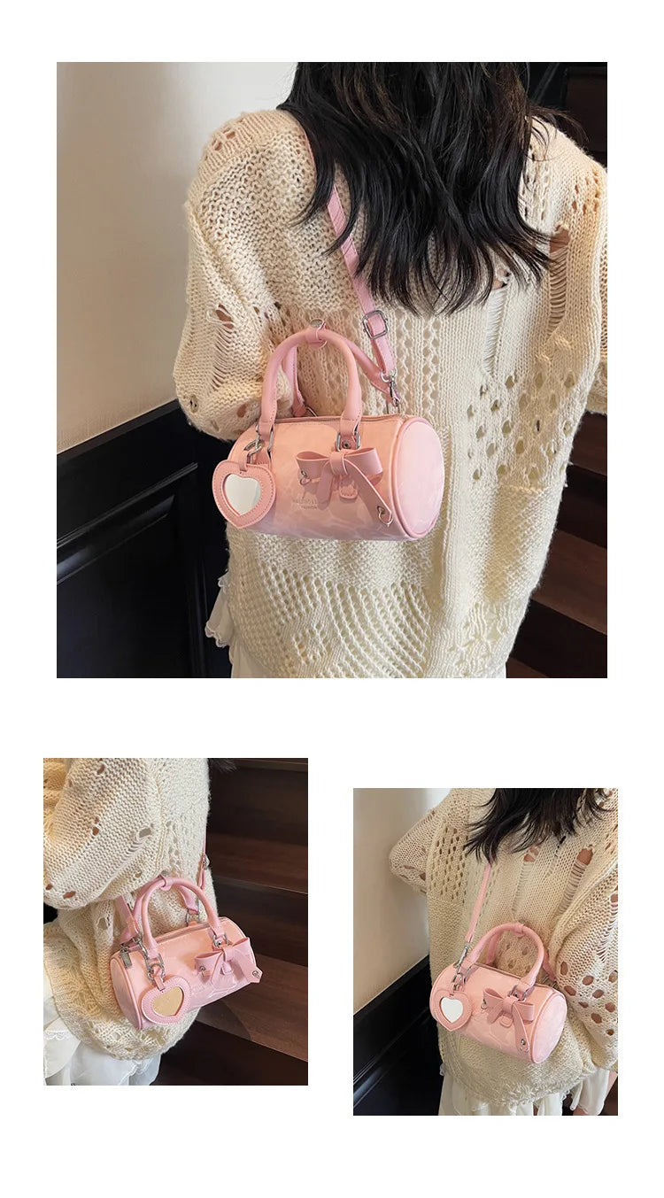 2025 Bow-Embellished Boston Bag Women Fashion Shoulder Crossbody Purse Stylish Cylinder Handbag for Work Travel Outings