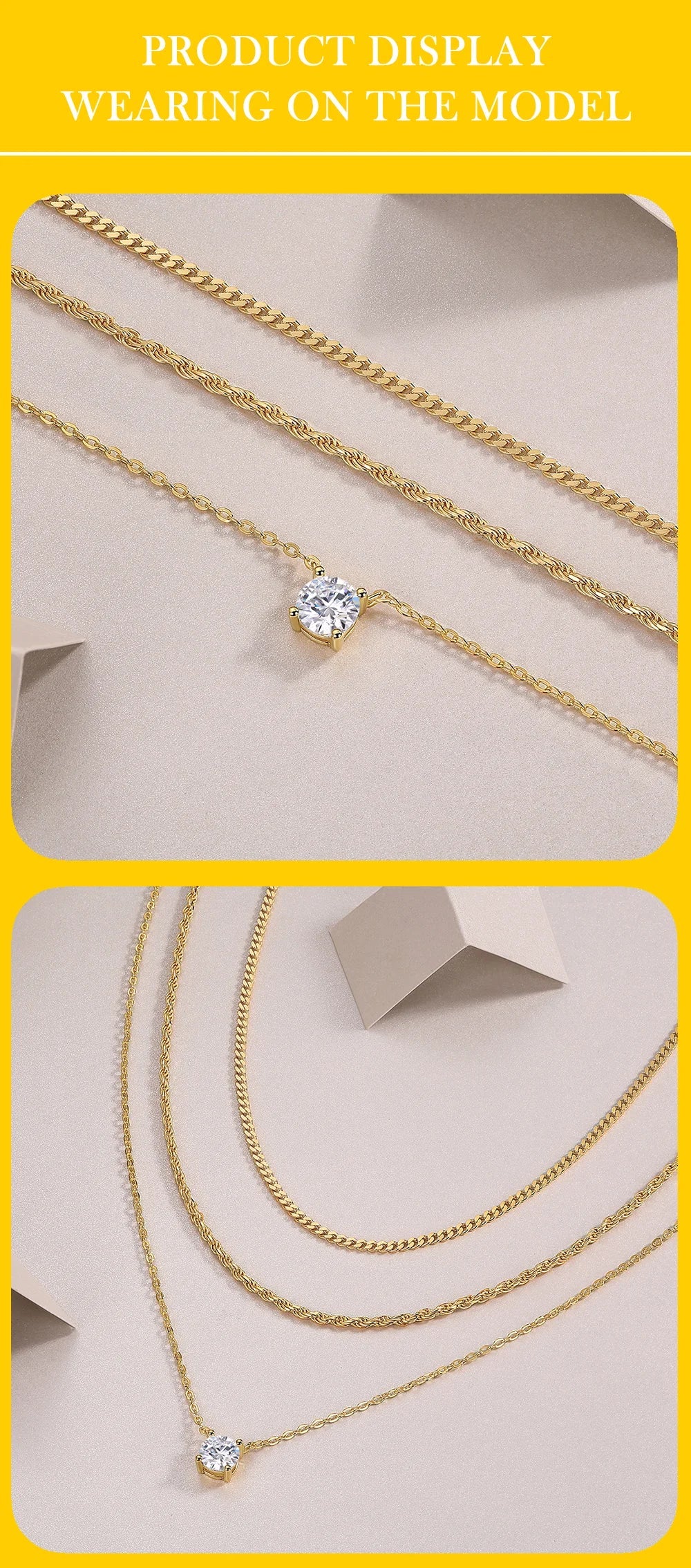 Triple Layer Necklace Moissanite Pendant S925 Sterling Silver 18K Gold Plated Minimalist Layered Jewelry for Women
