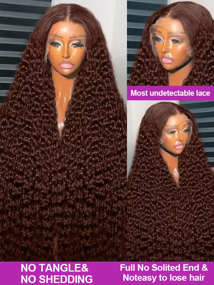 40 Inch Chocolate Brown Curly Lace Front Wig Human Hair 13x6 Deep Wave HD Lace Frontal Wig PrePlucked Glueless Wig 250% Density