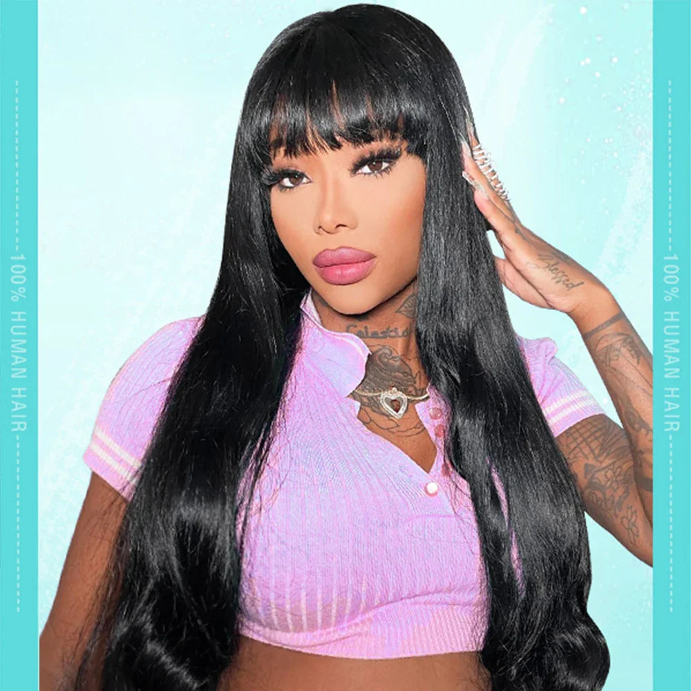 32 Inch Straight Human Hair Wigs With Bangs For Women Cheap Machine Made Fringe Wig 100% Human Hair Brazilian Wigs with Bangs