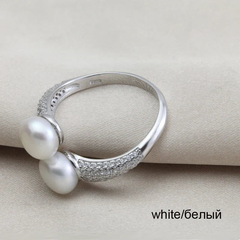 Real Natural Freshwater Black Double Pearl Ring Women,Exquisite 925 Sterling Silver Ring Fine Jewelry Adjustable