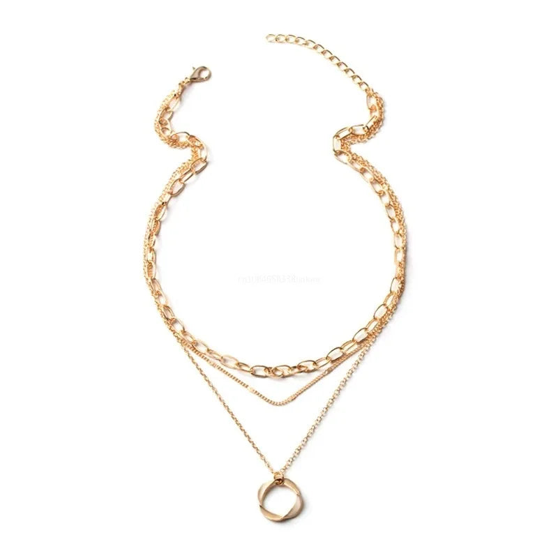 Multilayer Pendant Necklace on Neck Chain Women Alloy Circle Star Charm Layered Necklace Vintage Female Neck Jewelry choker