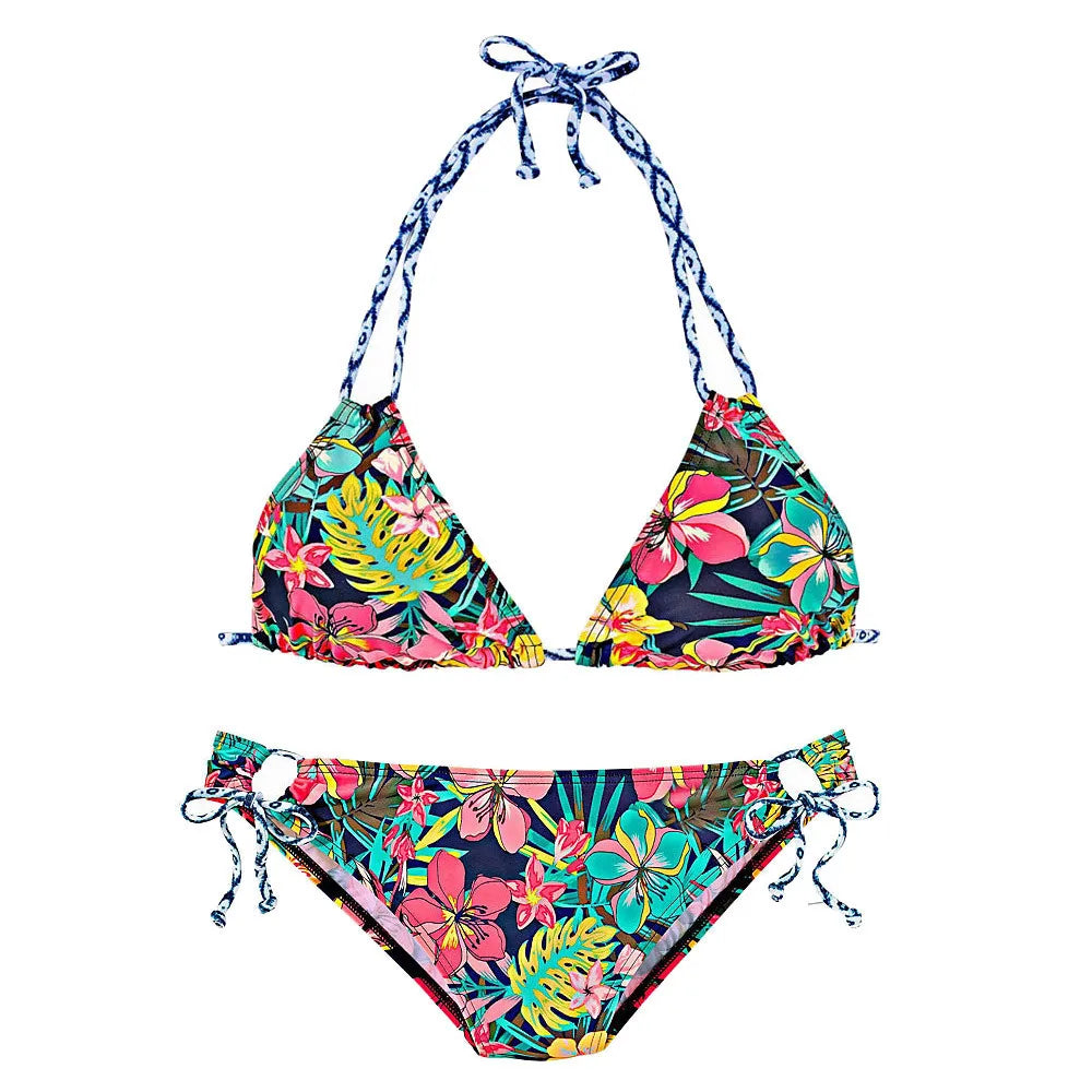 Women Bikini Set Sexy Regular Strappy Printed Swimwear Set Halter Neck Lace-Up Backless Bra Tops Low Waist Side Tied Briefs Set