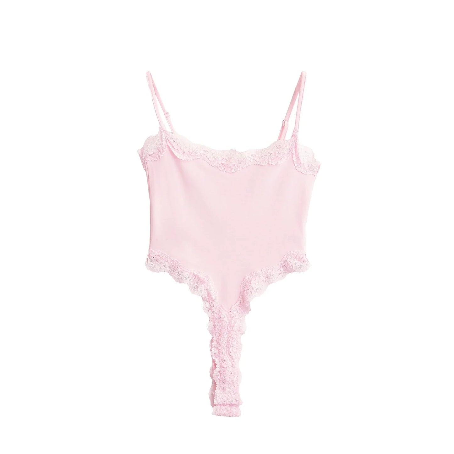 Sexy Bodysuit Tops For Women 2025 Summer Y2k Clothes Lace Panel BodySuits Women Solid Color Cami Bodysuit Backless Lace Top Pink