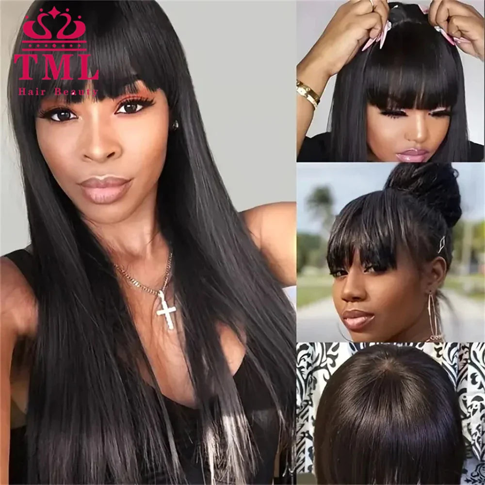 Bone Straight Human Hair Wigs With Bang Full Machine Made Wigs Natural Color Glueless Peruvian Straight Remy Human Hair Wigs