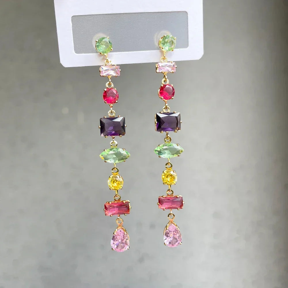 Luxury Rainbow Crystal Dangle Drop Earrings for Women Wedding Party Jewelry Accessories Gorgeous Cubic Zirconia Bridal Brincos