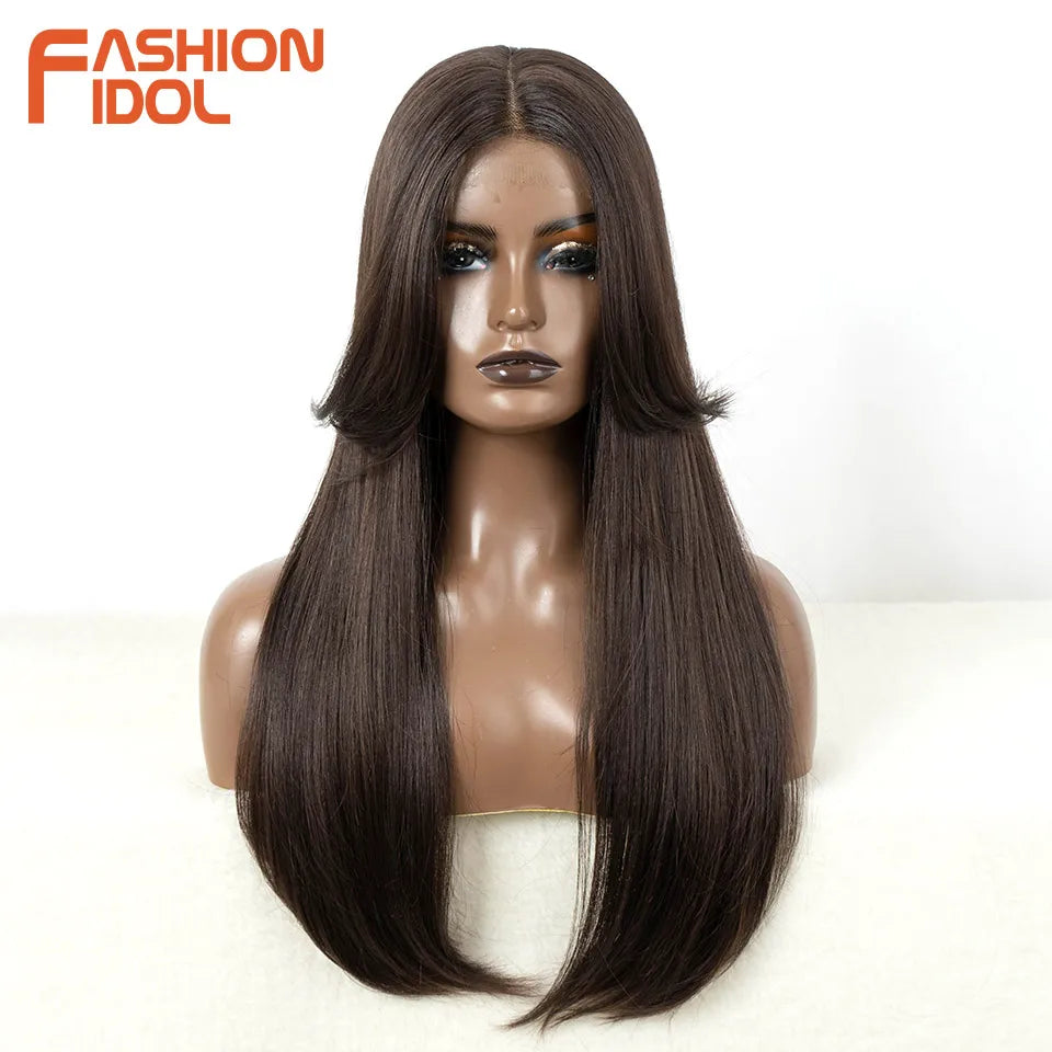 FASHION IDOL Cosplay Wig Synthetic With Bangs Lace Front Wigs For Women Ombre Brown 24 Inch Highlight Glueless Straight Lace Wig