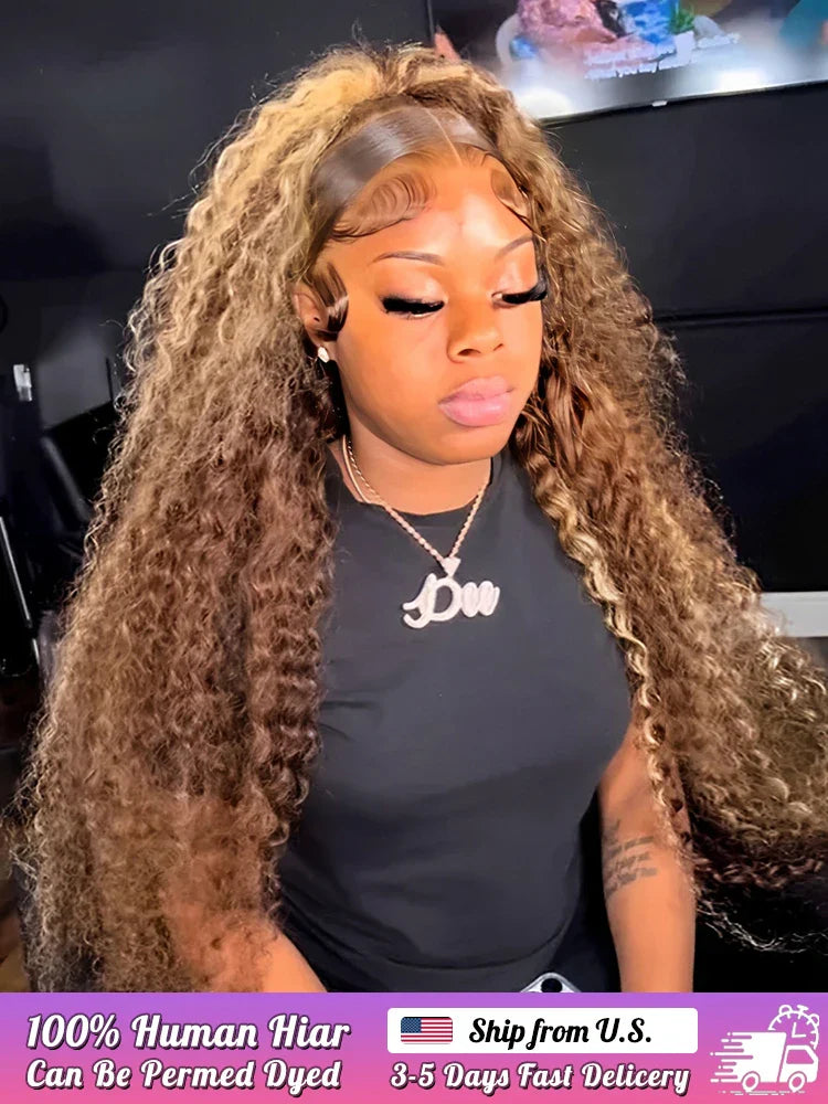 P427 Curly Highlight Wig Human Hair 13x4 HD Lace Frontal Wigs Preplucked 200 Density    100% Human Hair Deep Wave wig For Women