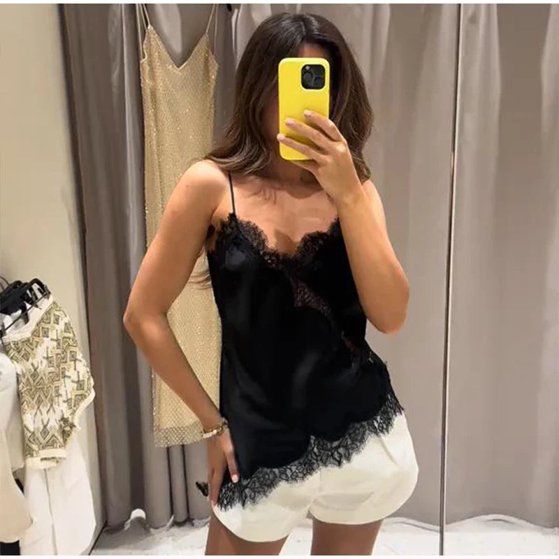Summer Women Halter Top Satin Lace Spliced Tank Backless Deep Neck Sexy Vest Irregular Hem Vestidos 2025 Lady Vacation Sexy Tops