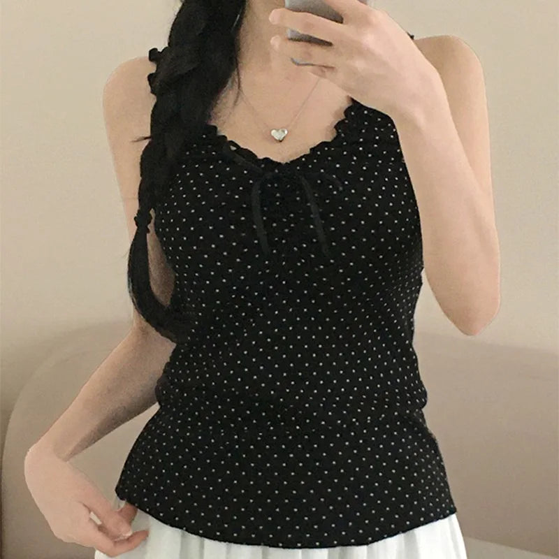 Tank Tops for Women New Summer 2025 Bow Black Sexy V Neck Cotton Sleeveless Cropped Vests Vintage Sweet Ruffles Slim Crop Top