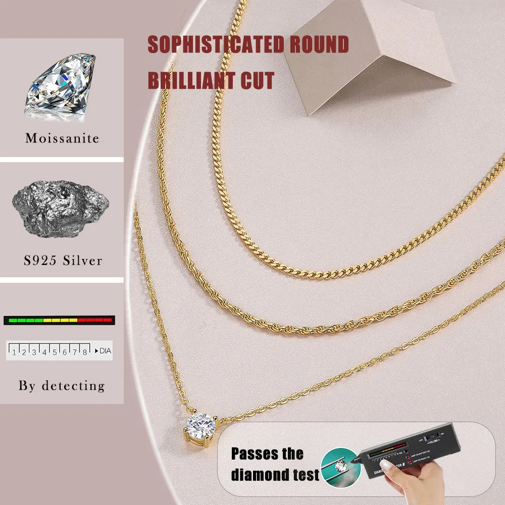 Triple Layer Necklace Moissanite Pendant S925 Sterling Silver 18K Gold Plated Minimalist Layered Jewelry for Women