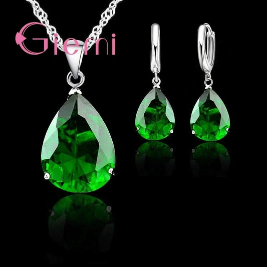 Luxury Drop Shape Large Red Crystal Stone Necklace Earrings 925 Sterling Silver and CZ Wedding Ceremony Jewellery Set