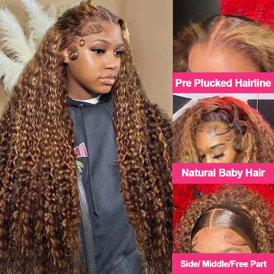 Deep Curly Wigs Human Hair Highlight 13x4 Lace Front Human Hair Wigs Colored Transparent Water Wave Lace Frontal Wig For Women
