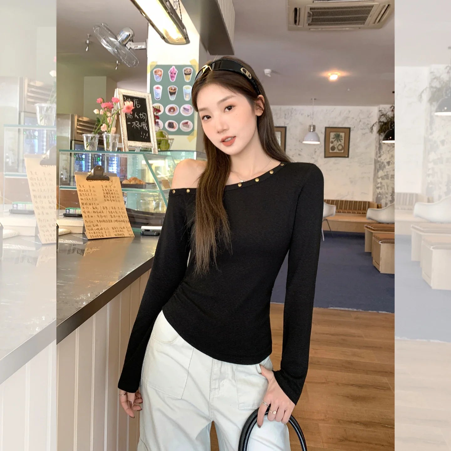Sexy Slanted Shoulder Bottom T-shirts for Women 2025 Autumn New Black Long Sleeve Casual Slim Fit Women's Tops T-shirts