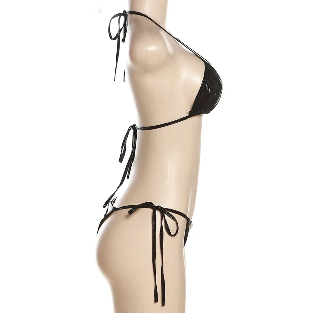 Sexy Women Beach Bikini 2 Pcs Set Halter Bra Bandage Briefs Summer Swimsuits Elastic Breathable Underwear Low Rise Lingerie