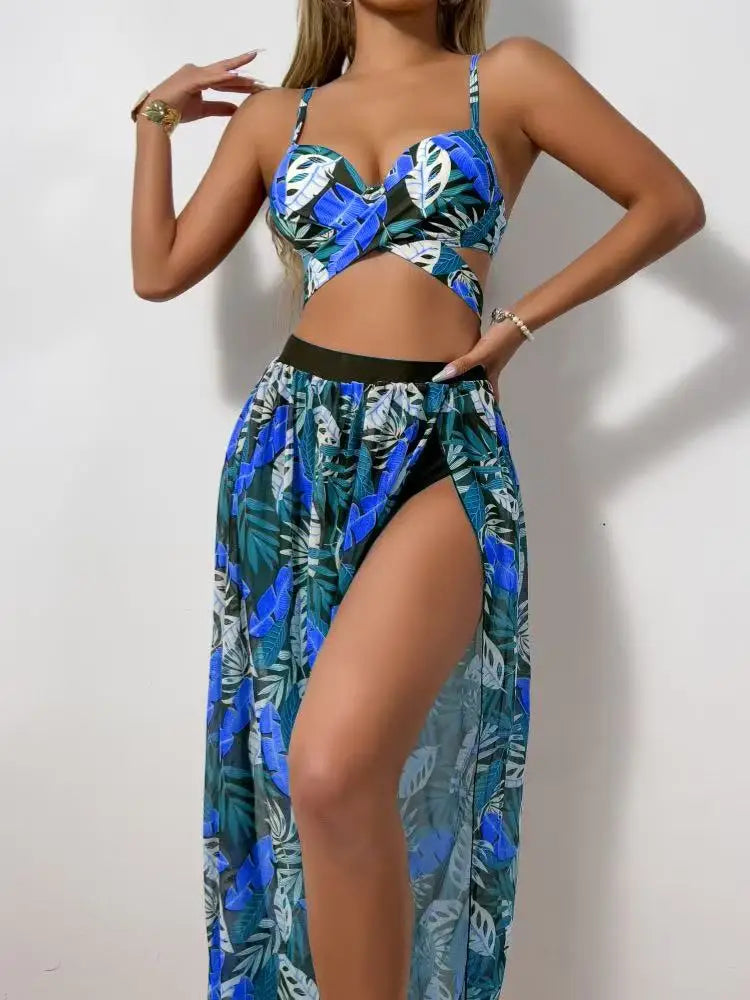 2025 New Sexy 3 Piece Bikini Set Black Push Up Bikini with Leaf Print, Low Waist Bottoms & Skirt Women's Swimsuit