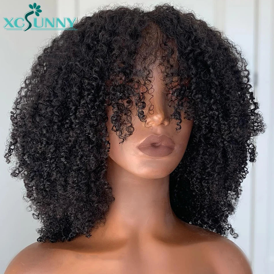 Kinky Curly Human Hair Wigs With Bangs For Black Women Natural Hair Wig Brazilian Machine Made O Scalp Wig