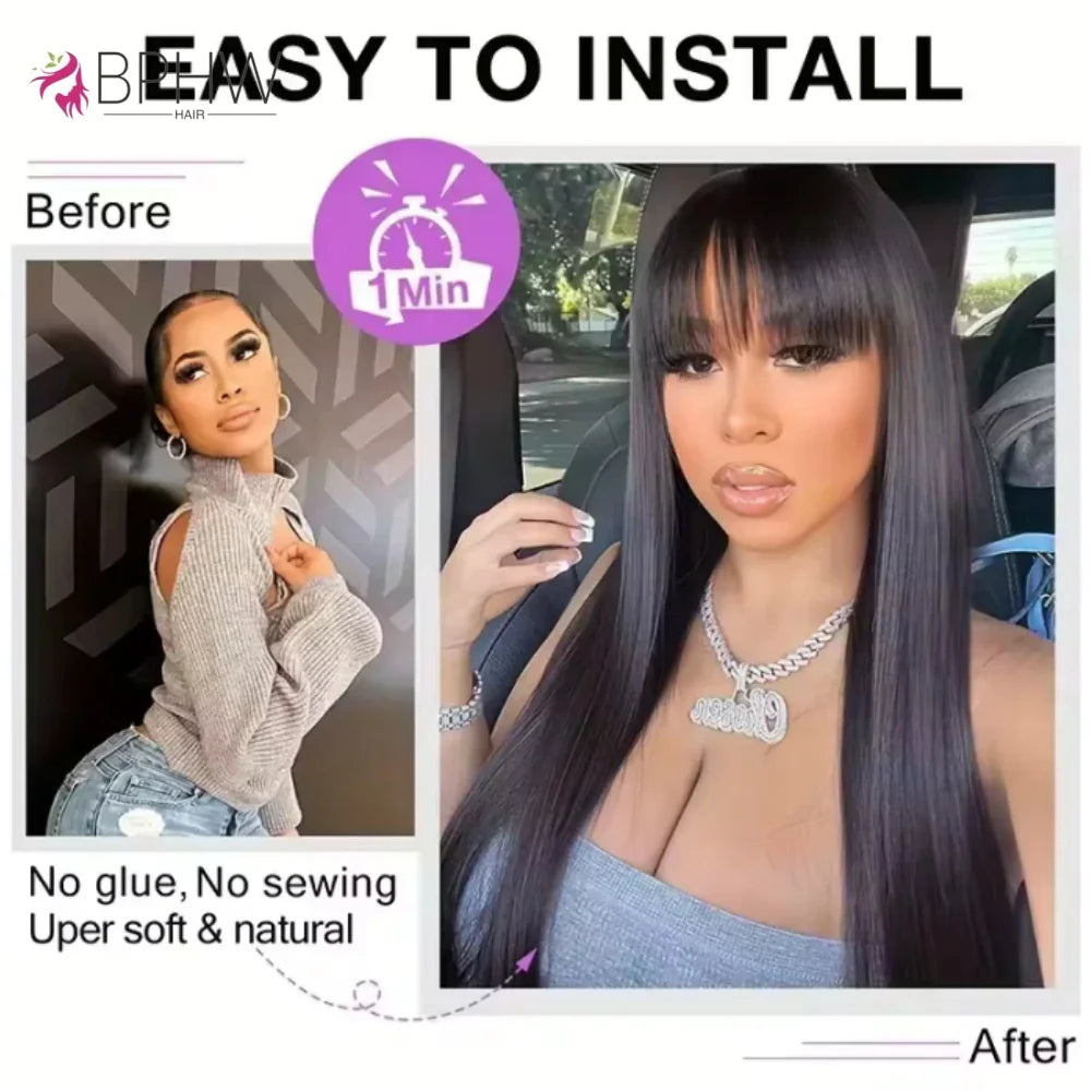 Straight Human Hair Wigs Full Machine Made 100% Human Hair Wigs With Bangs For Women Brazilian Cheap Wig On Sale Clearance BPHW