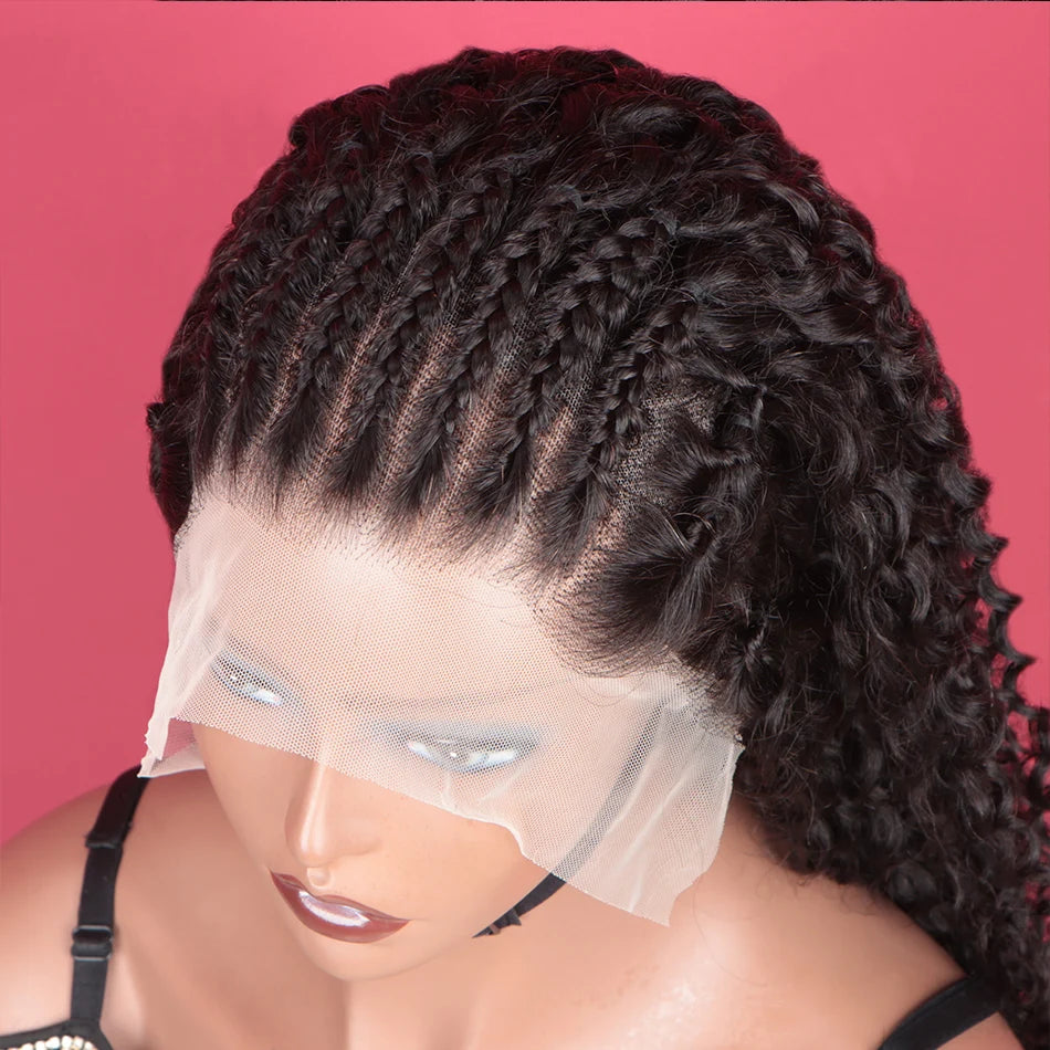 Head Braided Wigs Human Hair Deep Curly Wave 13x4 Lace Front Wigs Human Hair Bleach Knots Pre Plucked 180% Density Natural Color