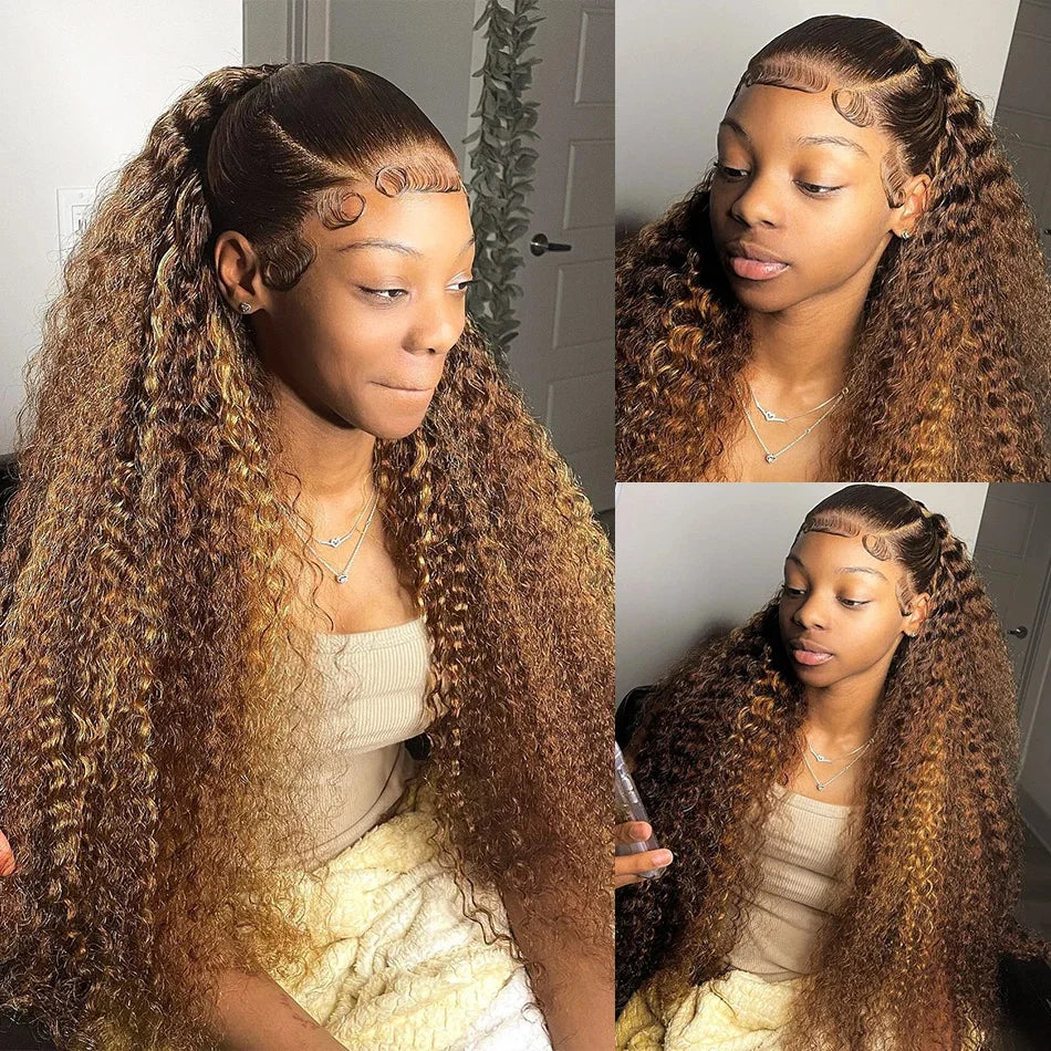 P427 Curly Highlight Wig Human Hair 13x4 HD Lace Frontal Wigs Preplucked 200 Density    100% Human Hair Deep Wave wig For Women