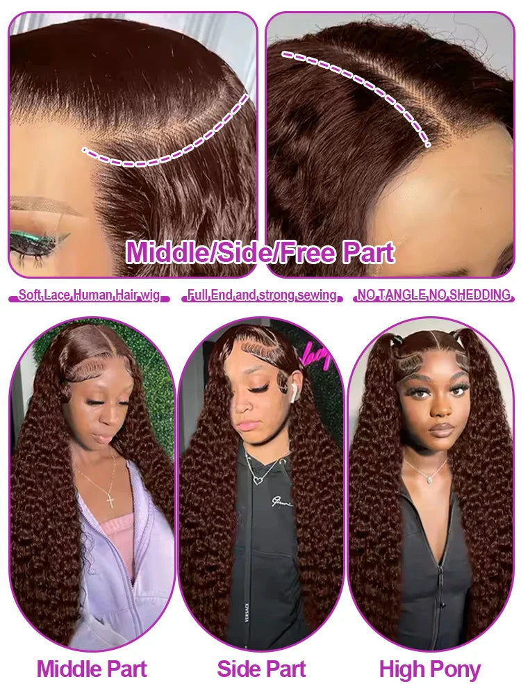 40 Inch Chocolate Brown Curly Lace Front Wig Human Hair 13x6 Deep Wave HD Lace Frontal Wig PrePlucked Glueless Wig 250% Density