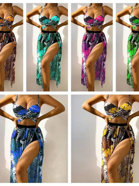 2025 New Sexy 3 Piece Bikini Set Black Push Up Bikini with Leaf Print, Low Waist Bottoms & Skirt Women's Swimsuit